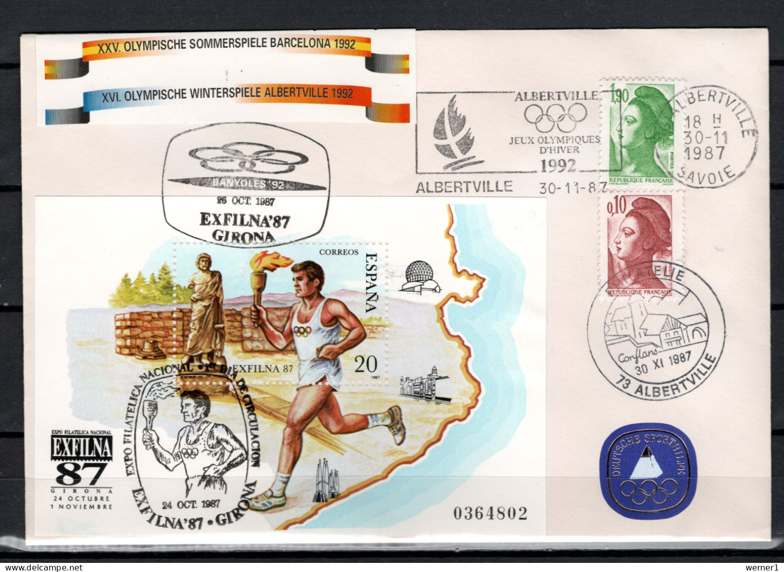 France / Spain 1987 Olympic Games Albertville / Barcelona Commemorative Cover - Hiver 1992: Albertville