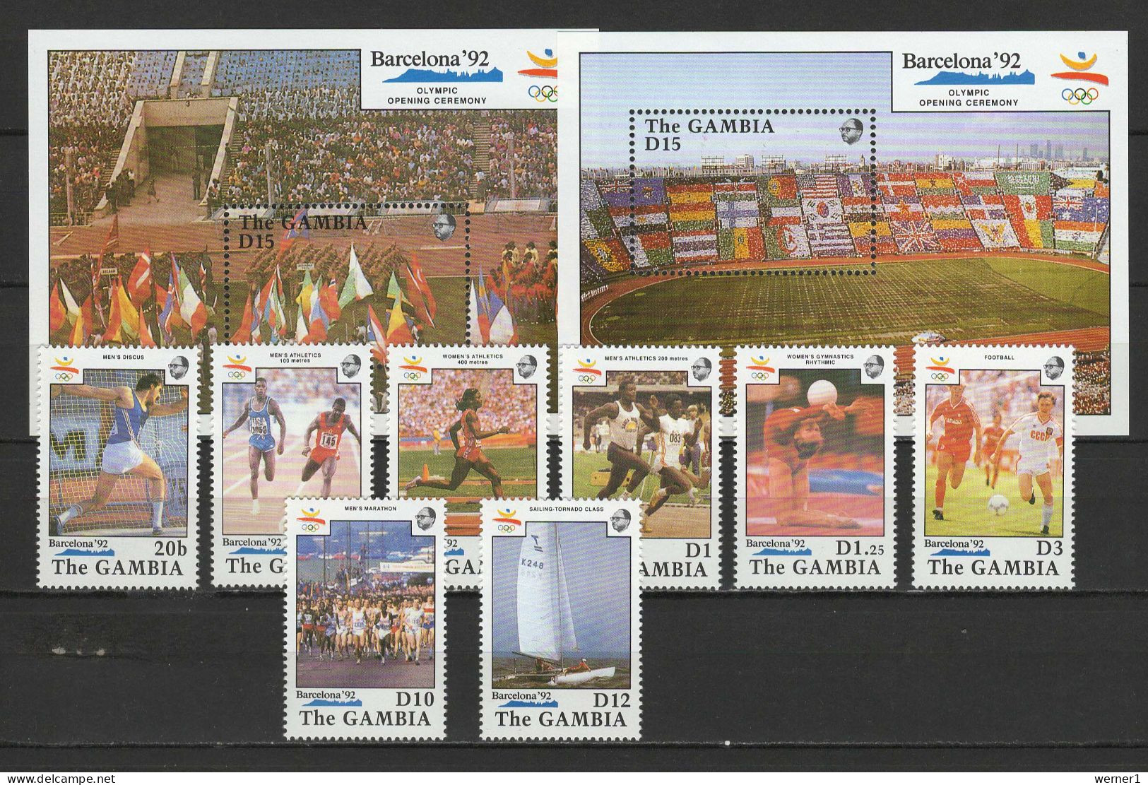 Gambia 1990 Olympic Games Barcelona, Football Soccer, Athletics Etc. Set Of 8 + 2 S/s MNH - Sommer 1992: Barcelone