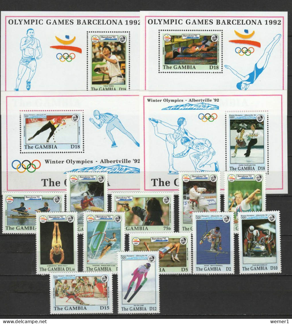 Gambia 1992 Olympic Games Barcelona / Albertville, Table Tennis, Rowing, Judo Etc. Set Of 12 + 4 S/s MNH - Verano 1992: Barcelona