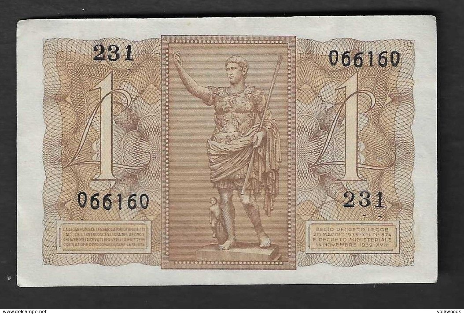 Italia - Banconota Non Circolata FdS AUNC Da 1 Lira "Impero" P-26 - 1939 #17 - Regno D'Italia – 1 Lira