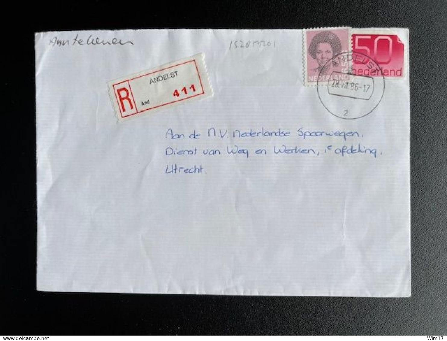 NETHERLANDS 1986 REGISTERED LETTER ANDELST TO UTRECHT 28-07-1986 NEDERLAND AANGETEKEND - Storia Postale