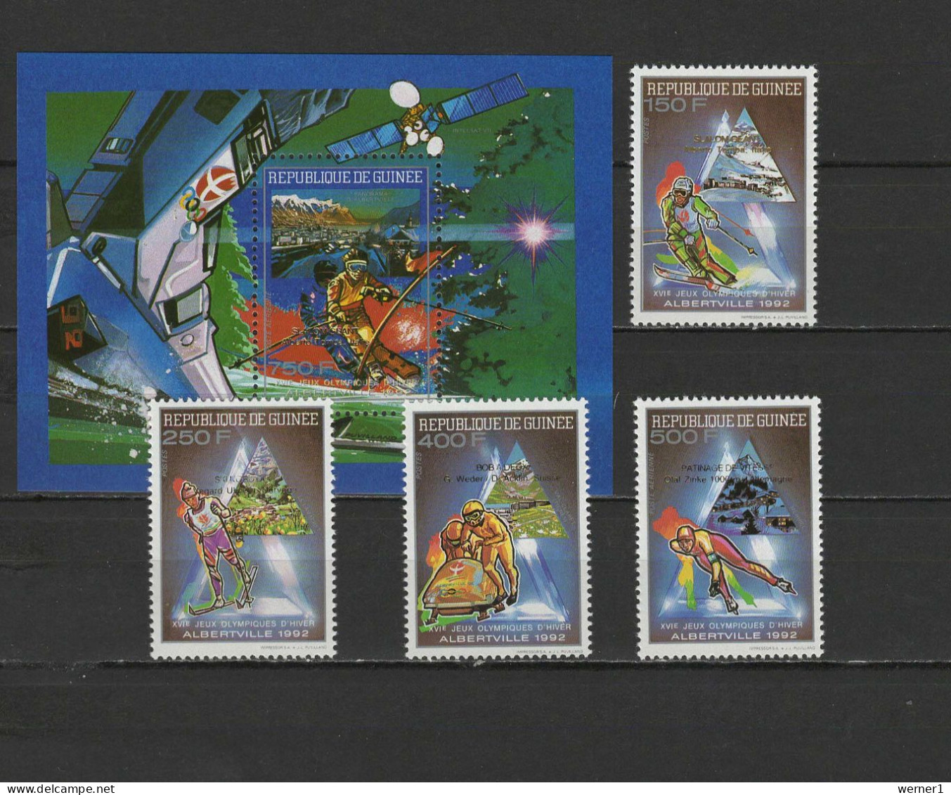 Guinea 1993 Olympic Games Albertville, Space Set Of 4 + S/s With Winners Overprint In Gold MNH - Hiver 1992: Albertville