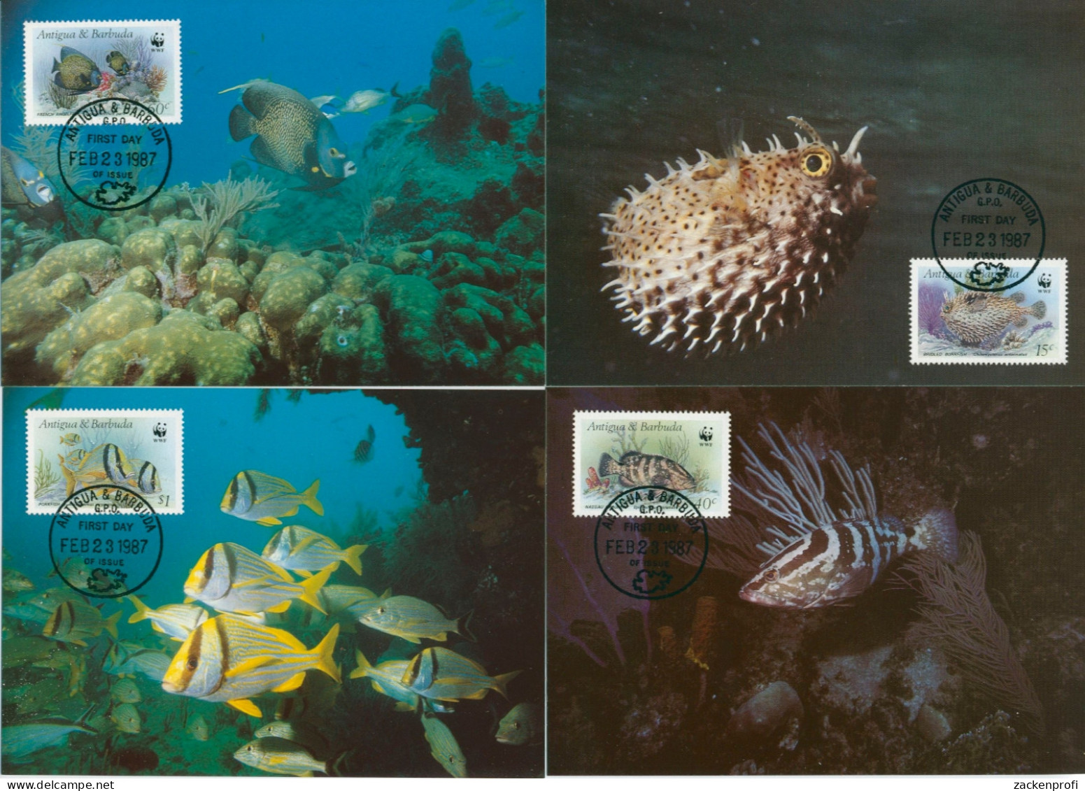 Antigua & Barbuda 1987 WWF Igelfisch Kaiserfisch 1010/13 Maximumkarten (X30714) - Antigua And Barbuda (1981-...)