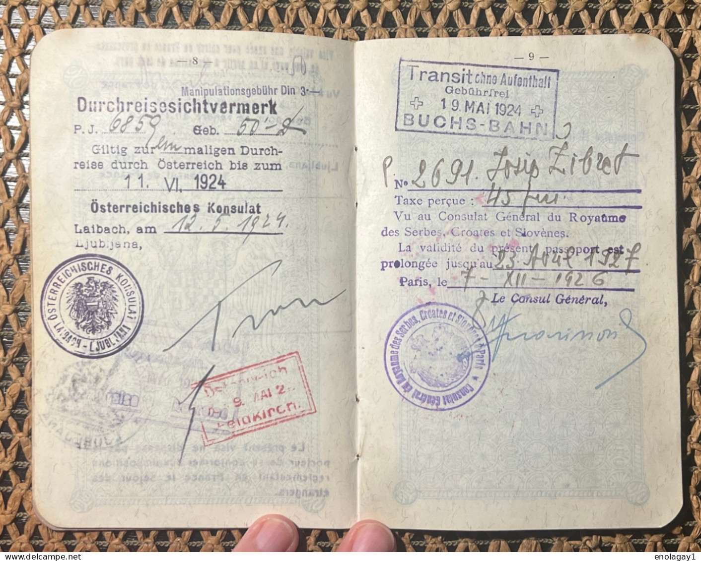 passport Kingdom of Yugoslavia issued in Celje Slovenia 1924. year visas France, Austria, (300.)