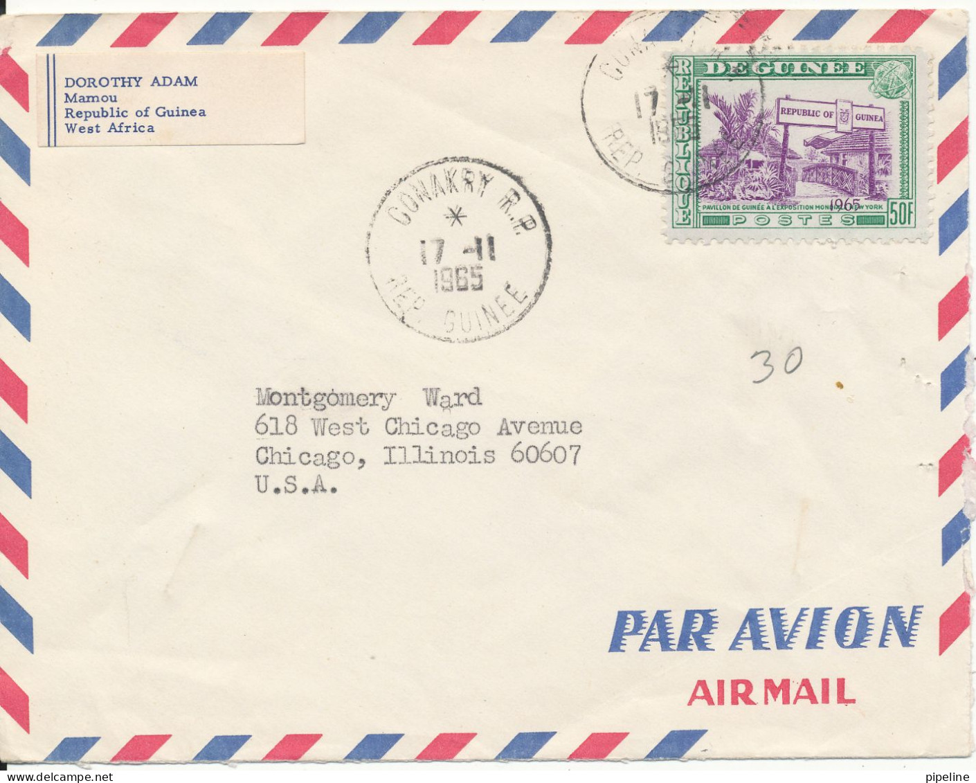 Guinea Air Mail Cover Sent To USA 17-11-1965 Single Franked - Guinea (1958-...)