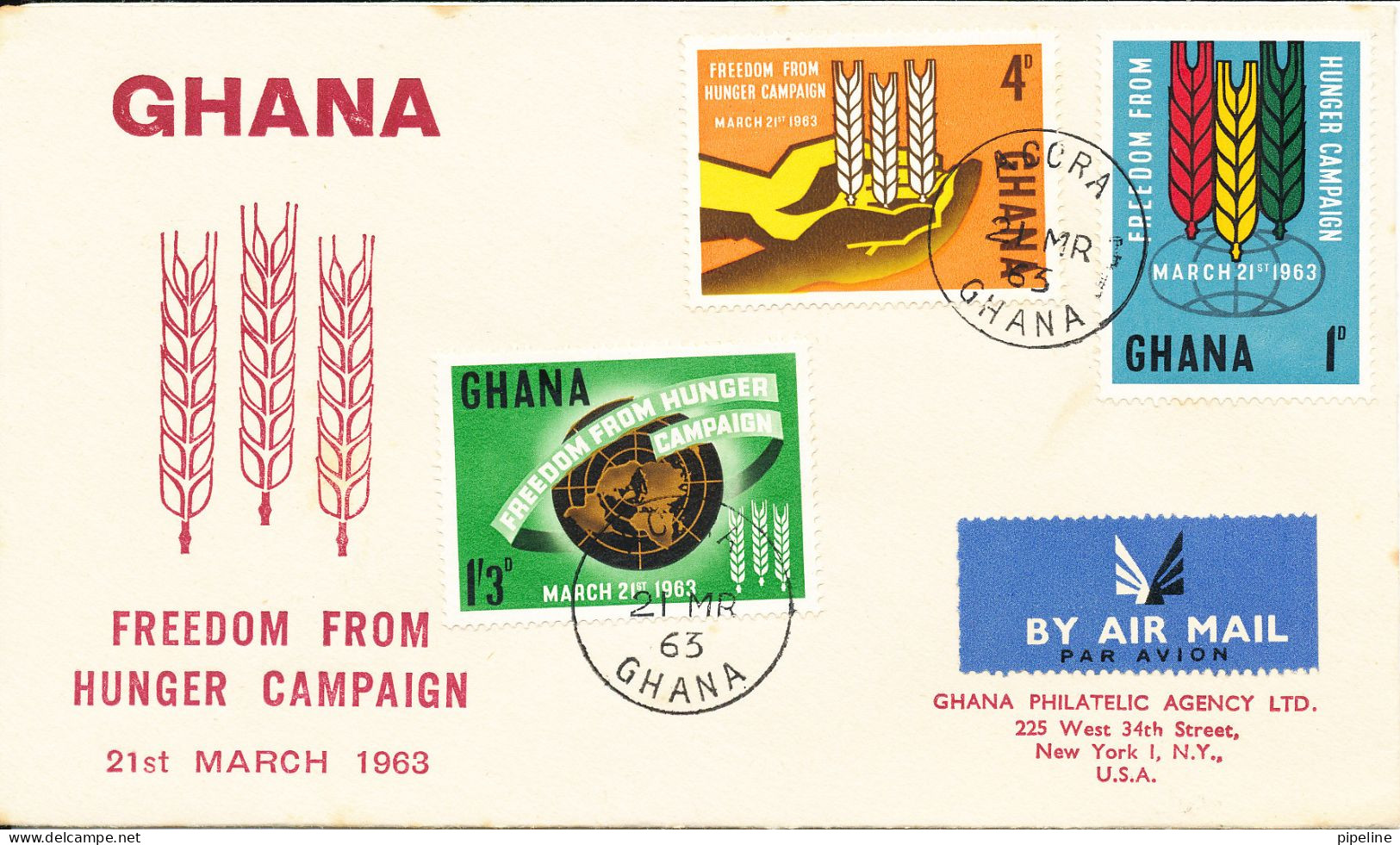 Ghana FDC 21-3-1963 Freedom From Hunger Campaign Complete Set Of 3 With Cachet - Ghana (1957-...)