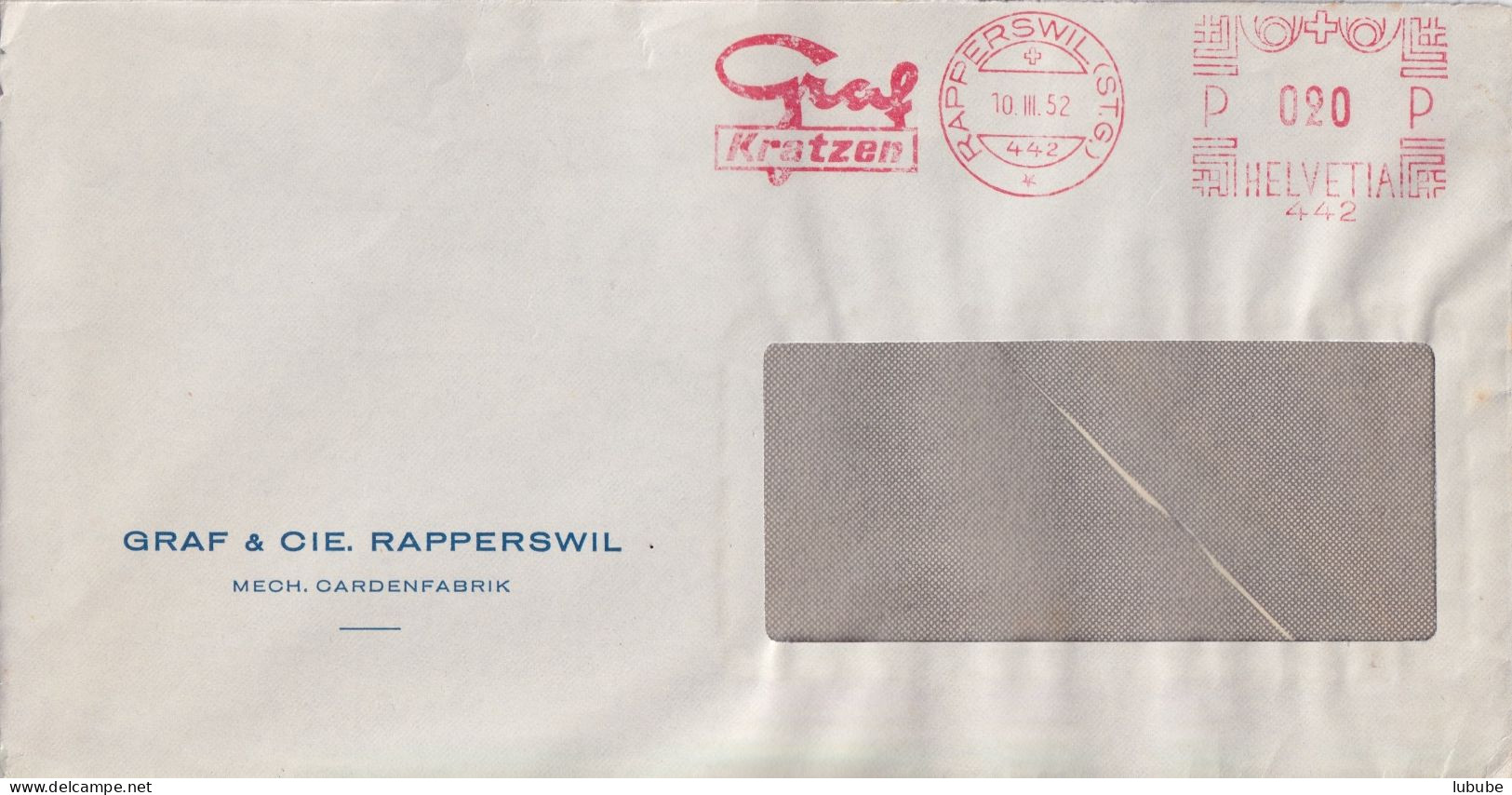 Motiv Brief  "Graf, Mech.Cardenfabrik, Rapperswil SG"  (Freistempel)        1952 - Storia Postale