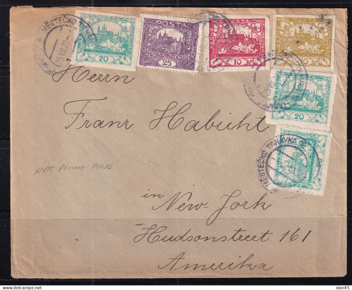 Czechoslovakia 1920 Cover To New York Franked With Hradcany Stamps 16042 - Cartas & Documentos