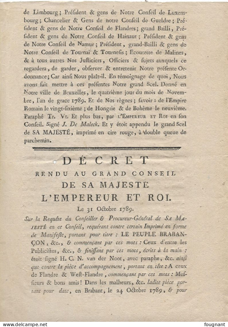 - Le 4 Novembre 1789 ,ordonnance Du Roi - Décret Rendu Au Grand Conseil De Sa Majesté L'empereur Et Le Roi ,le 31 - Decreti & Leggi