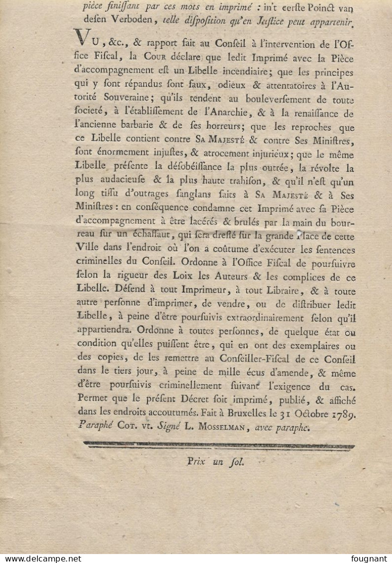 - Le 4 Novembre 1789 ,ordonnance Du Roi - Décret Rendu Au Grand Conseil De Sa Majesté L'empereur Et Le Roi ,le 31 - Decreti & Leggi