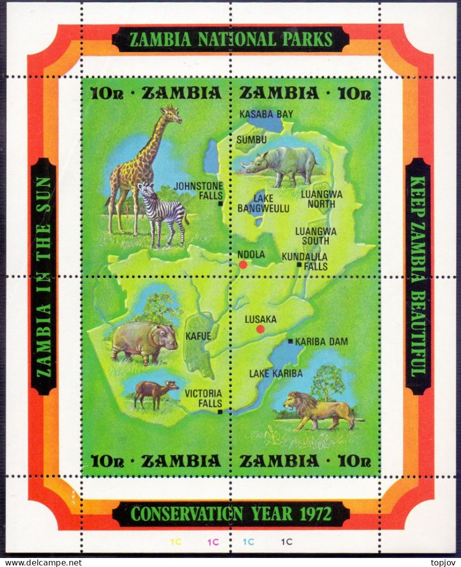 ZAMBIA- NATIONAL PARKS - RHINO - LION GIRAFFE - **MNH - 1972 - Felinos