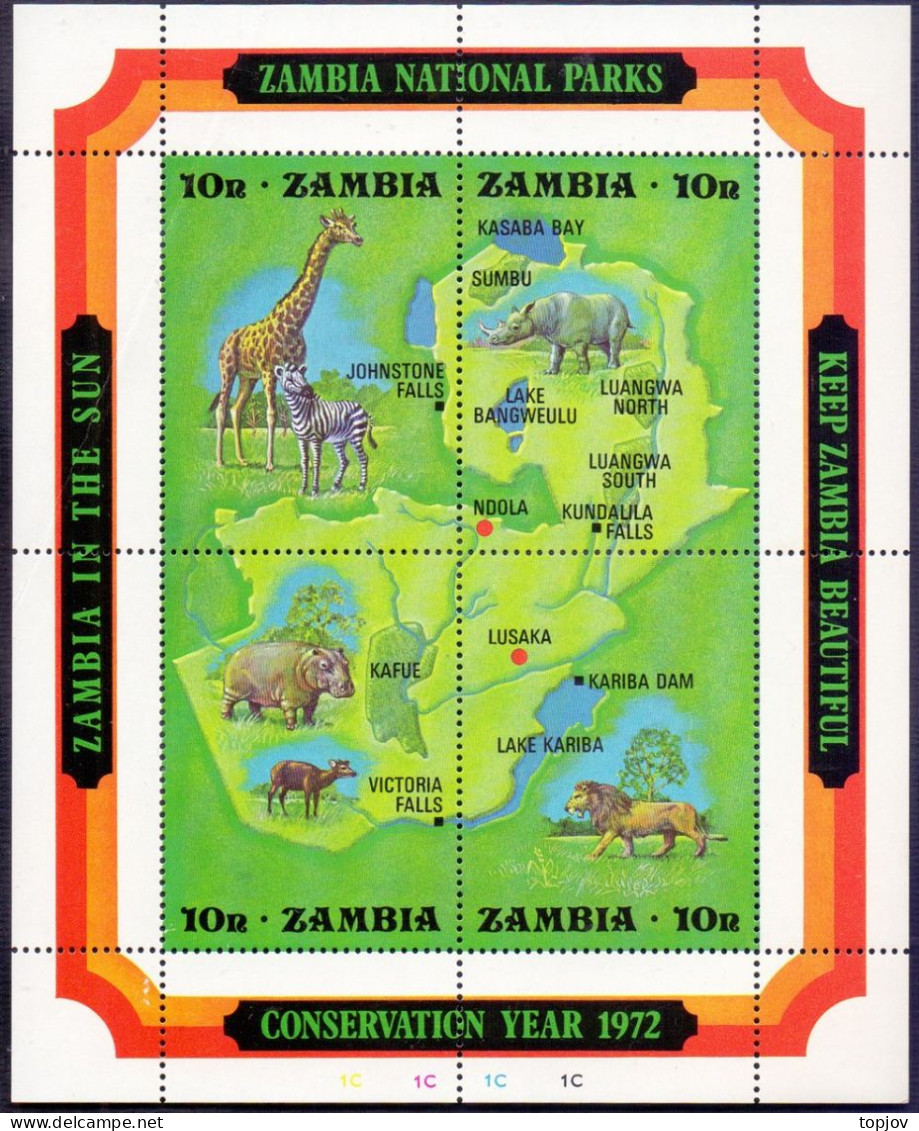 ZAMBIA- NATIONAL PARKS - RHINO - LION GIRAFFE - **MNH - 1972 - Félins