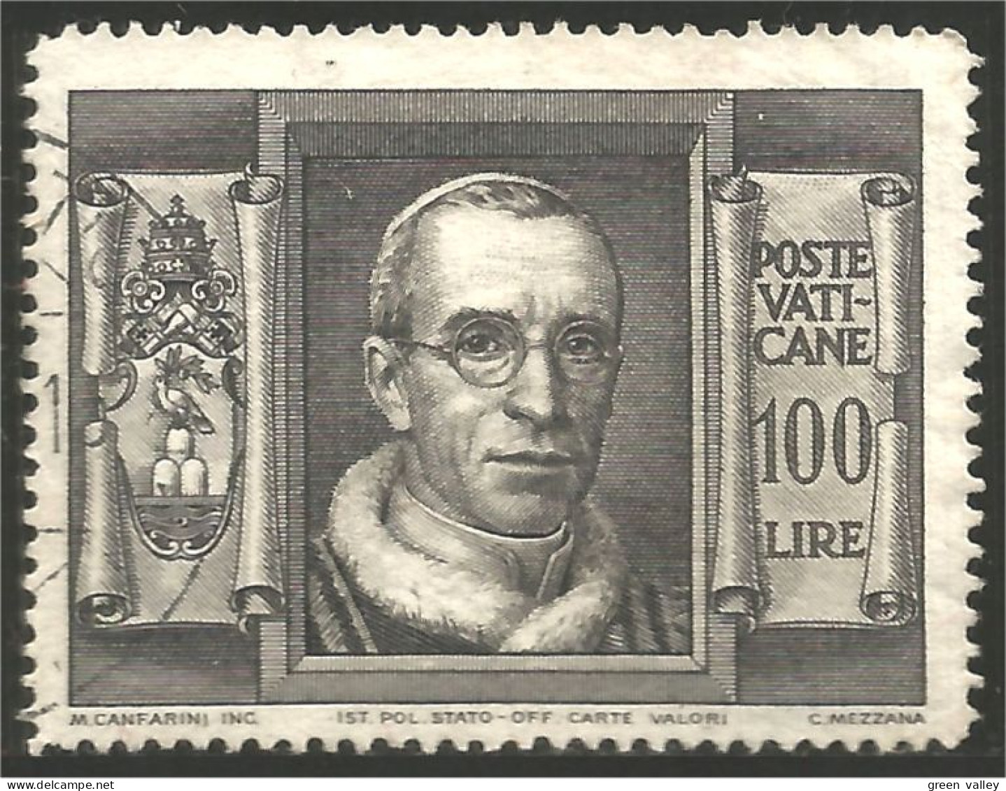 922 Vatican 1949 Pape Pie XII Pope Pius XII 100 L Sepia (VAT-46) - Used Stamps