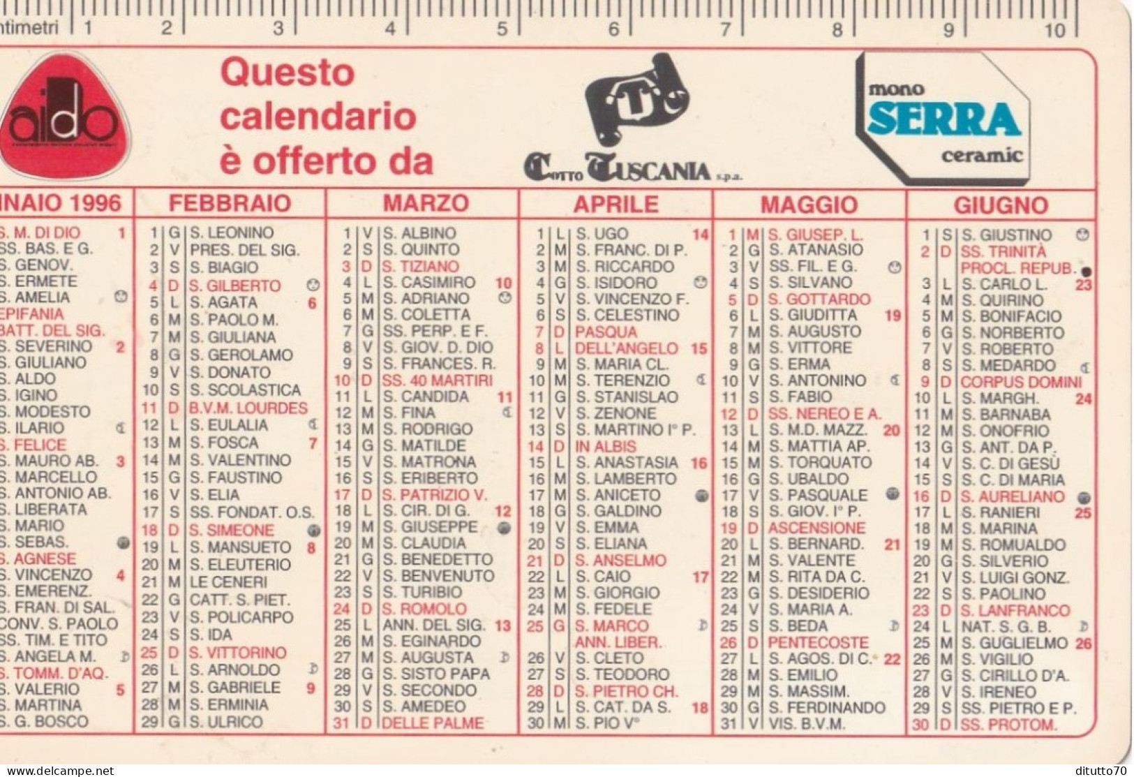 Calendarietto - Aido - Reg.emilia Romagna - Associazione Italiana Donatori Organi - Bologna - Anno 1996 - Petit Format : 1991-00