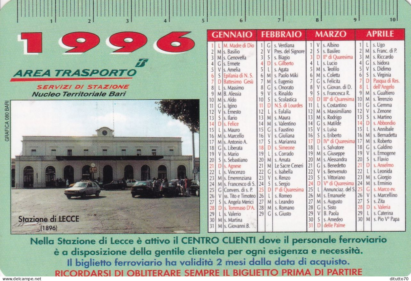 Calendarietto - Area Trasporto  - Servizi Di Stazione - Nucleo Territoriale Bari - Anno 1996 - Petit Format : 1991-00