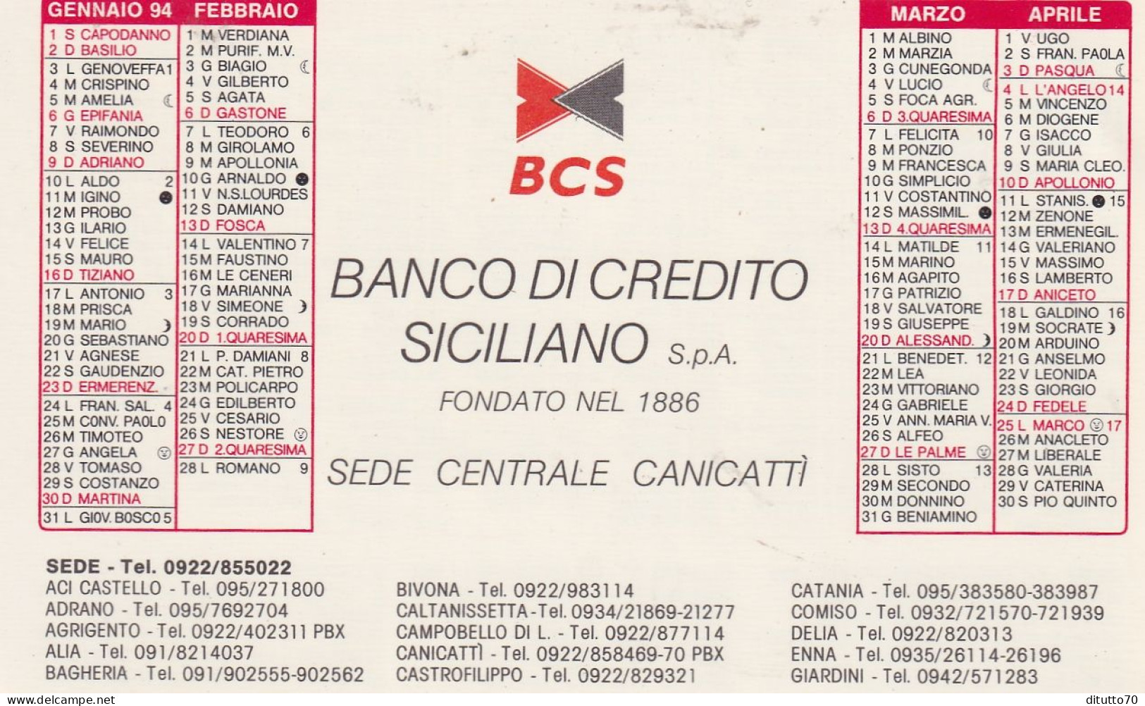 Calendarietto - Banco Di Credito Siciliano - Canicatti - Anno 1994 - Petit Format : 1991-00