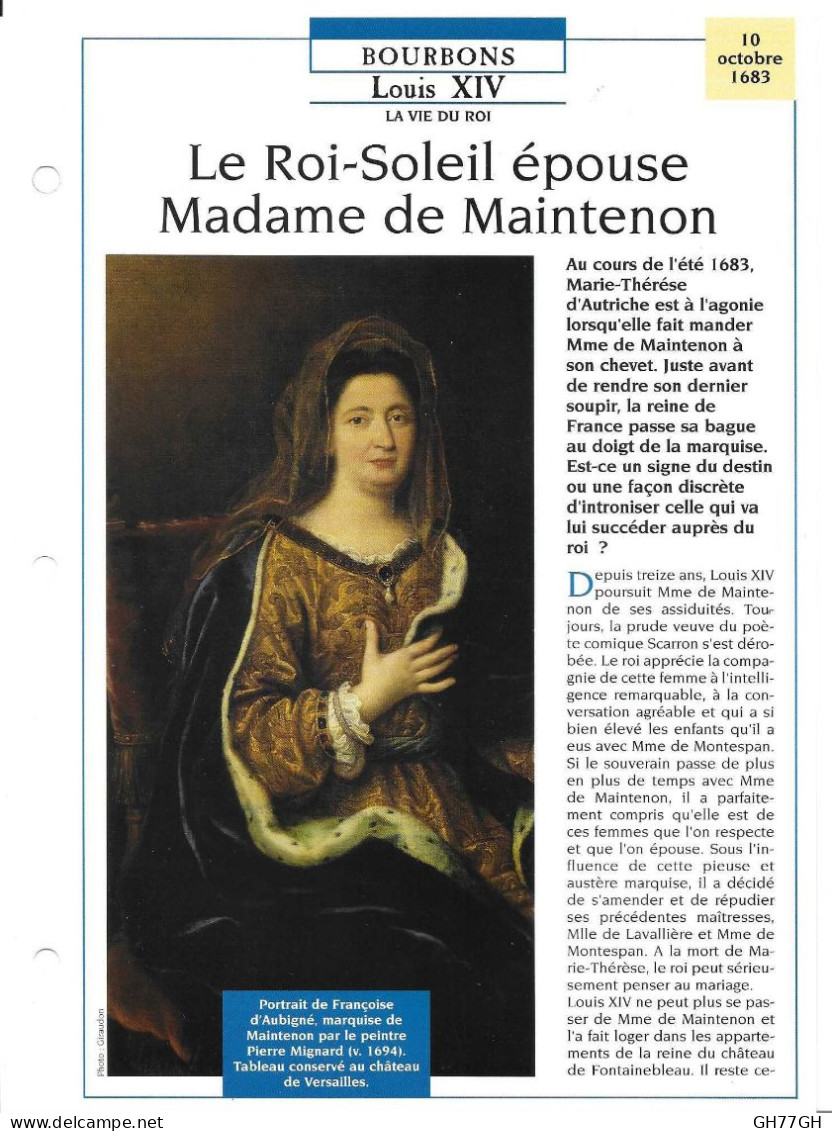 FICHE ATLAS: LE ROI-SOLEIL EPOUSE MADAME DE MAINTENON -BOURBONS - Geschiedenis
