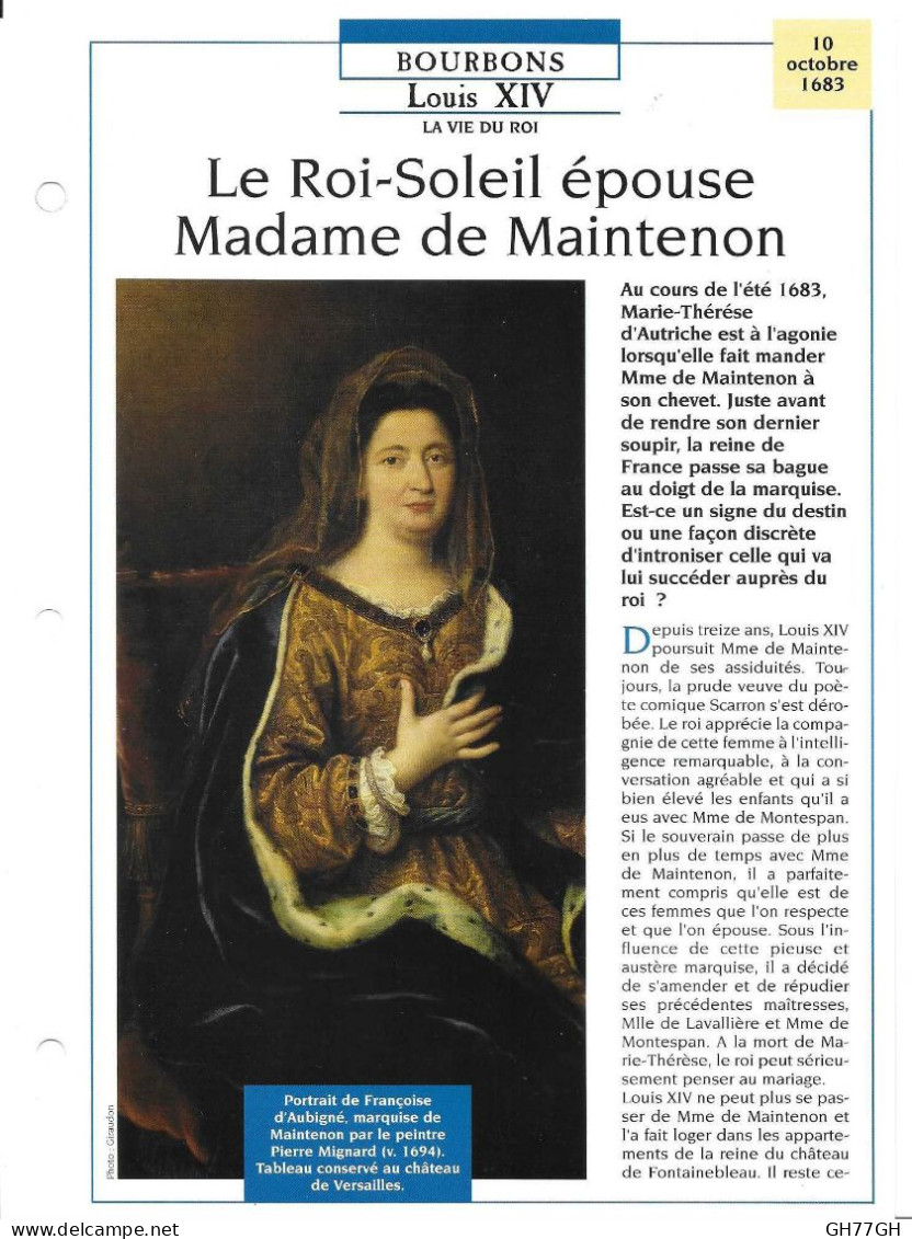 FICHE ATLAS: LE ROI-SOLEIL EPOUSE MADAME DE MAINTENON -BOURBONS - Storia