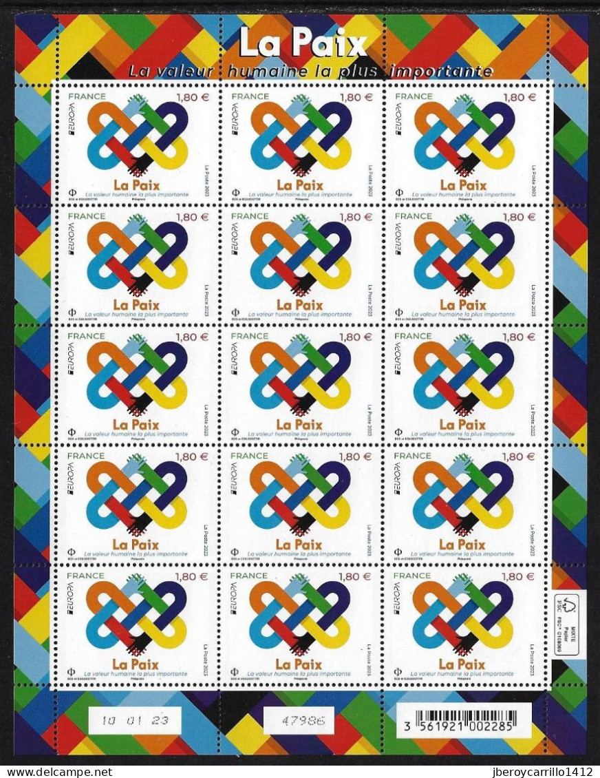 FRANCIA /FRANCE /FRANKREICH -EUROPA-CEPT 2023-"PEACE –The Highest Value Of Humanity"- SHEET Of  The 15 STAMPS MINT - 2023