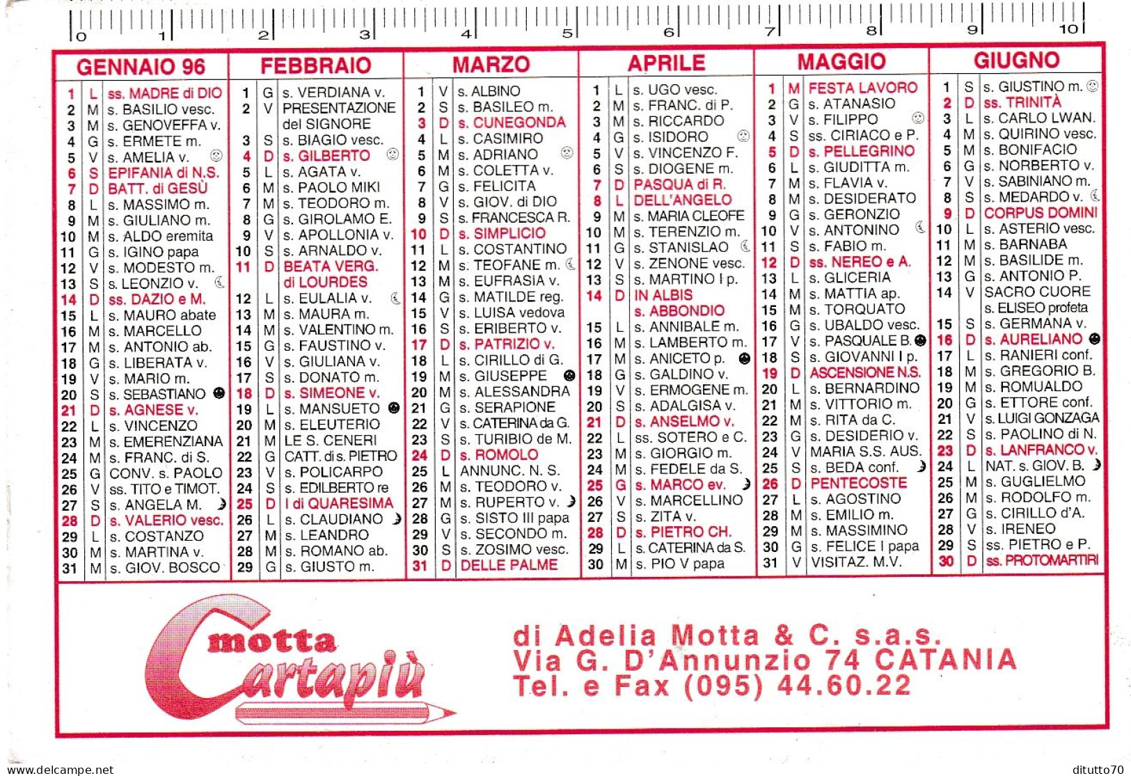 Calendarietto - Carta Più Motta - Catania - Anno 1996 - Petit Format : 1991-00