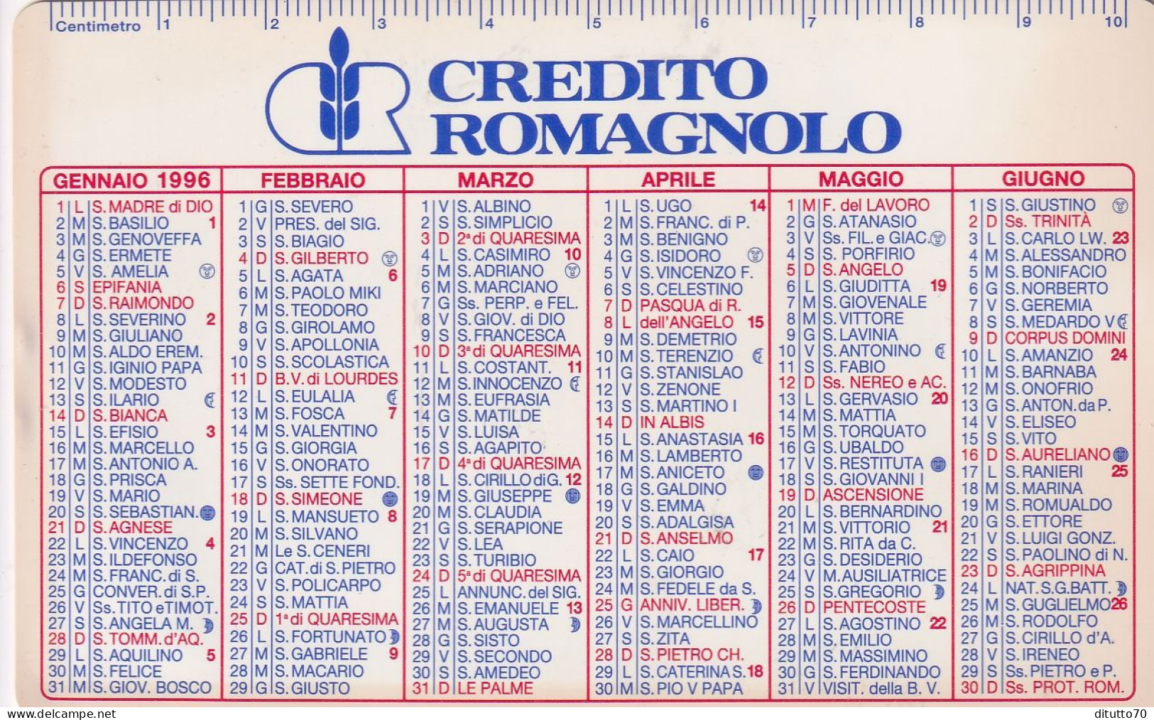 Calendarietto - Credito Romagnolo - Anno 1996 - Petit Format : 1991-00