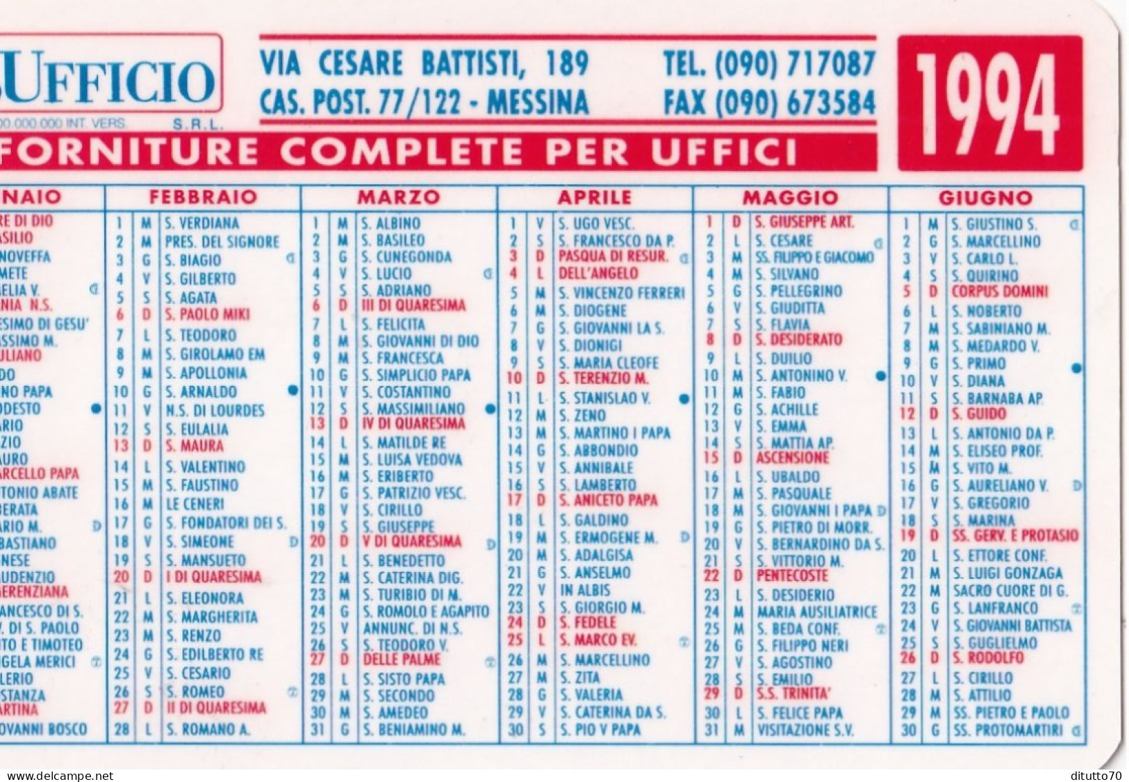 Calendarietto - Fornitura Completeper Uffici - Messina - Anno 1994 - Petit Format : 1991-00