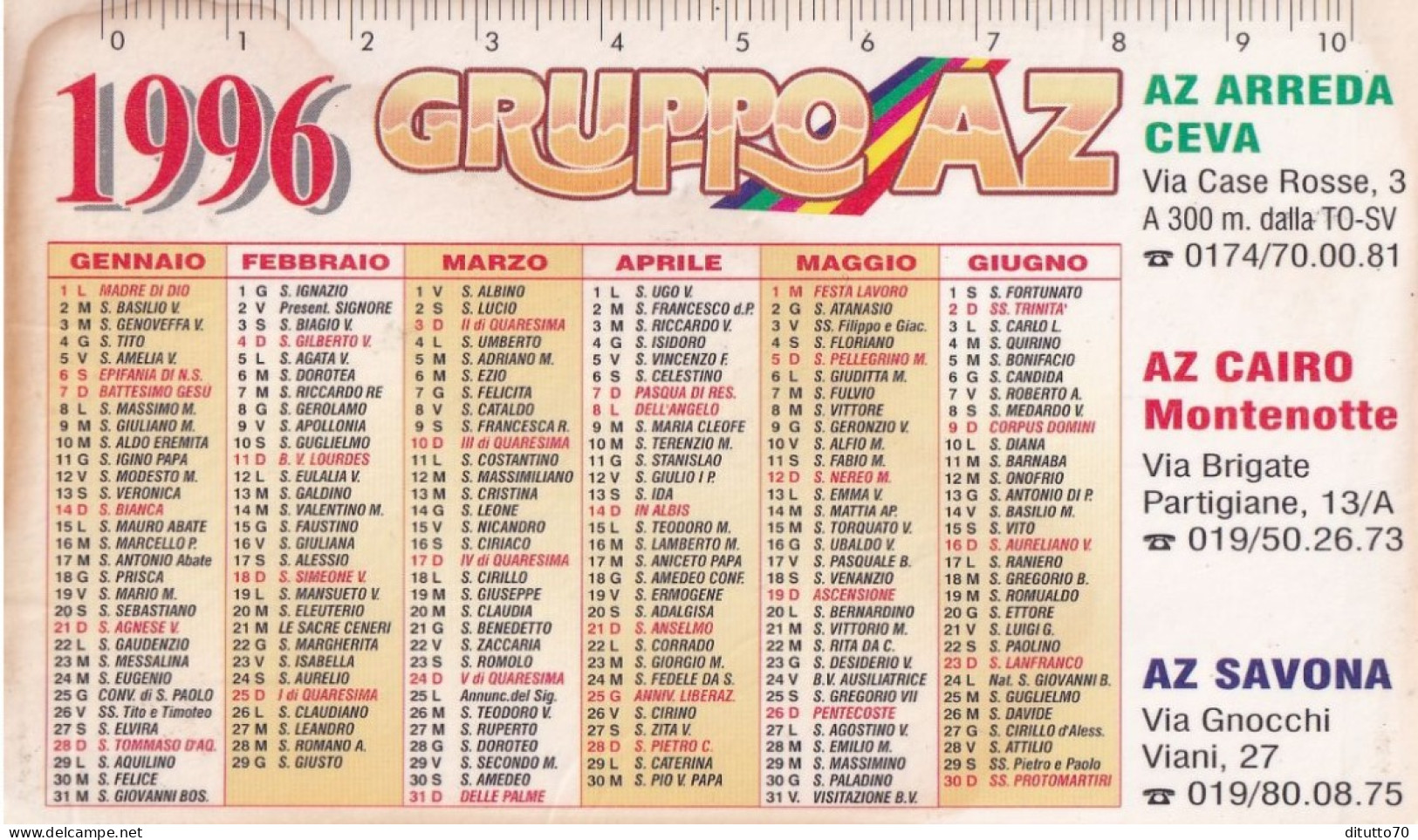 Calendarietto - Gruppo Az - Ceva - Cairo - Savona - Anno 1996 - Petit Format : 1991-00