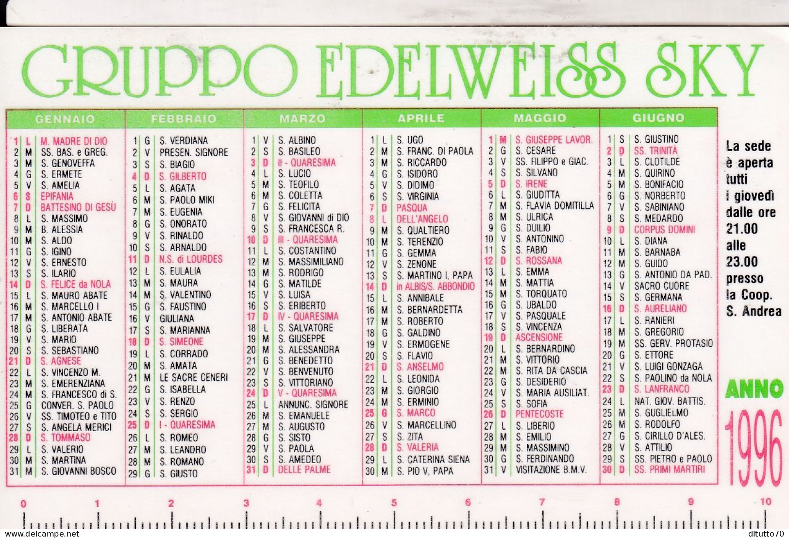 Calendarietto - Gruppo Edelweiss Sky - Sesto San Giovanni - Milano - Anno 1996 - Petit Format : 1991-00