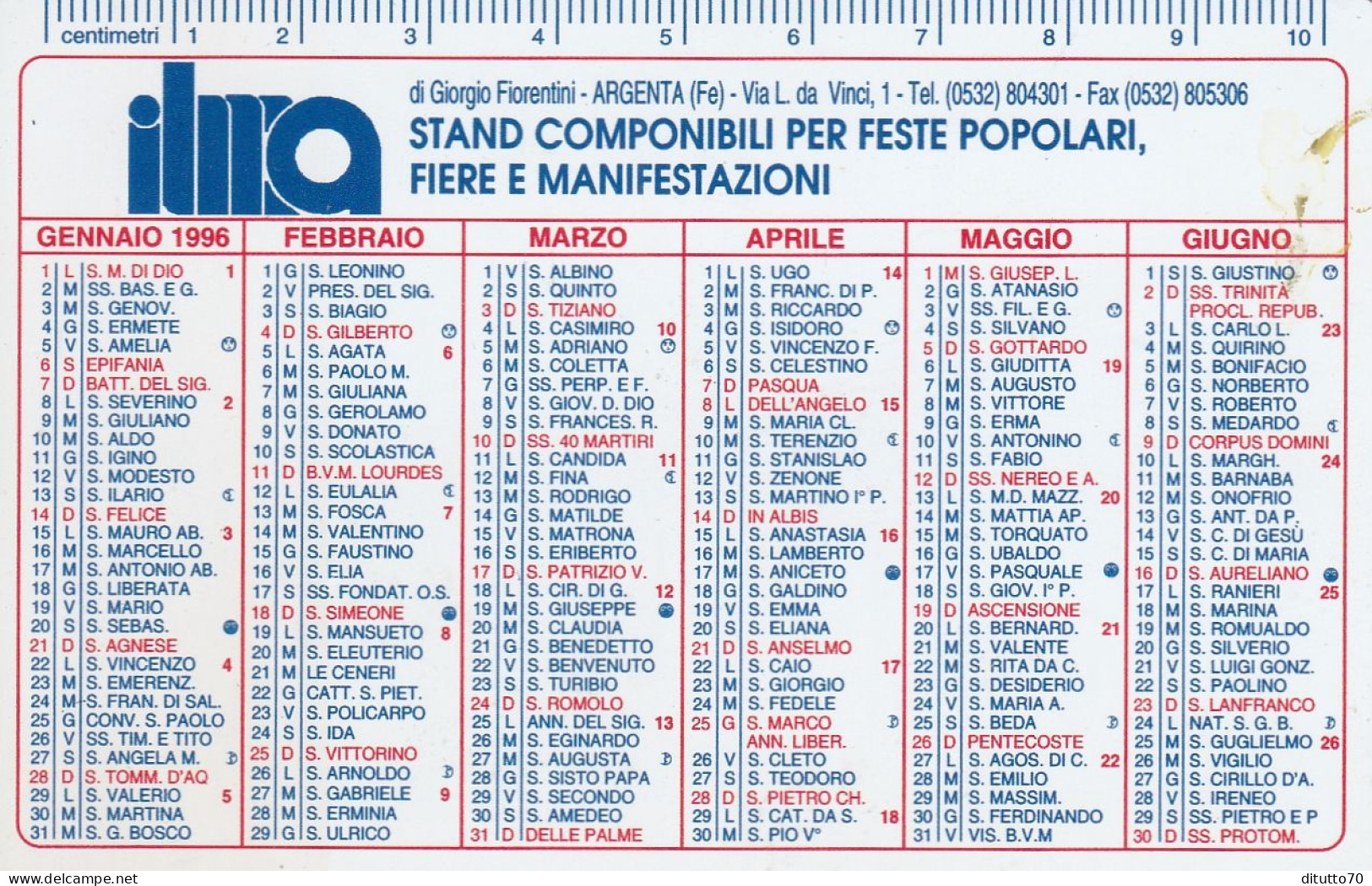 Calendarietto - ILMA - Stand Componibili Per Feste Popolari Fiere E Manifestazioni - Argenta - Ferrara - Anno 1996 - Petit Format : 1991-00