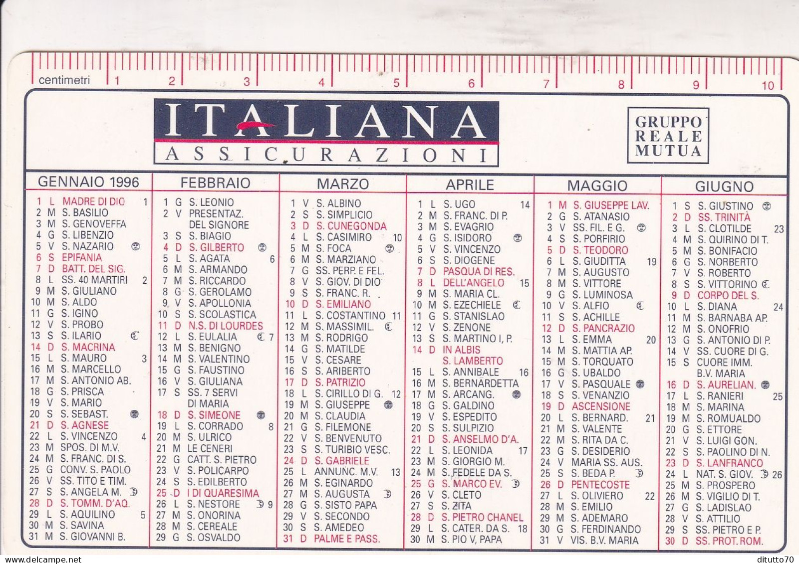 Calendarietto - Italiana - Assicurazioni - Gruppo Real Mutua - Anno 1996 - Petit Format : 1991-00