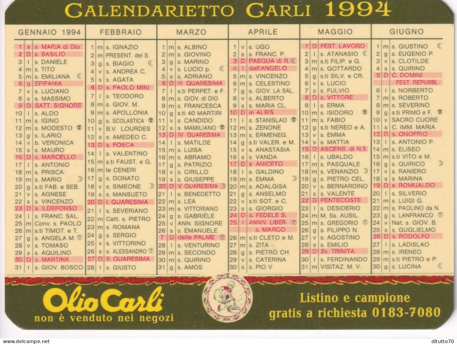 Calendarietto - OLIO CARLI - Omeglia - Anno 1994 - Petit Format : 1991-00