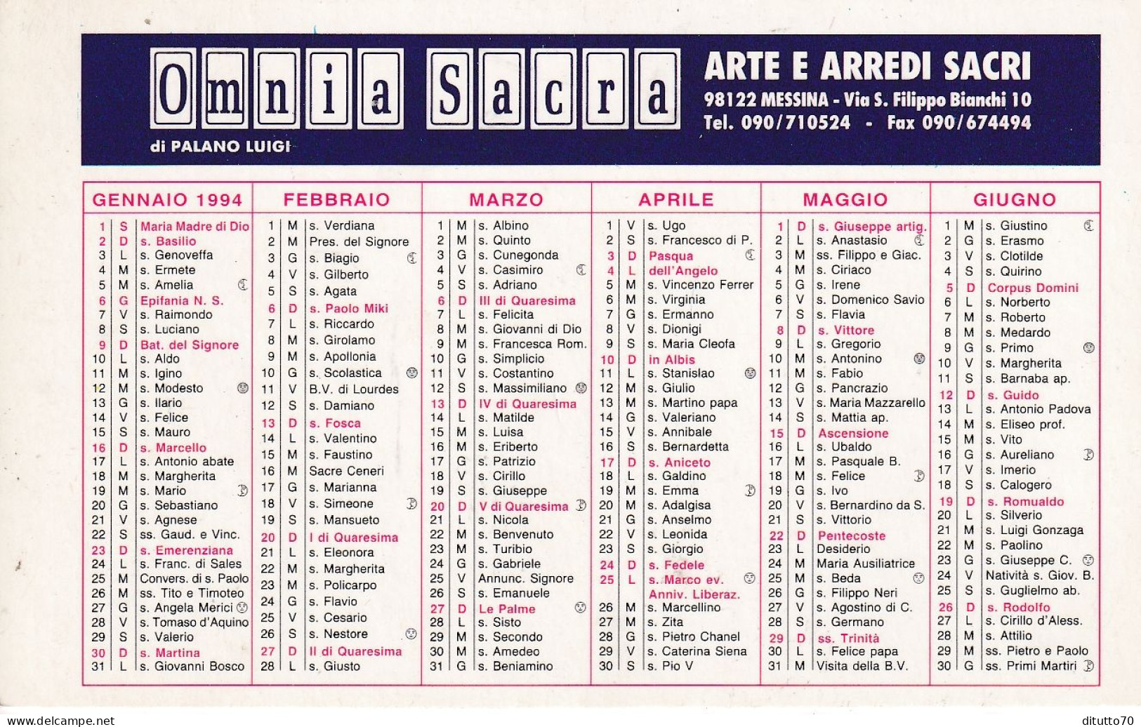 Calendarietto - OMNIA SACRA - Arte E Arredi Sacri - Messina - Anno 1994 - Petit Format : 1991-00