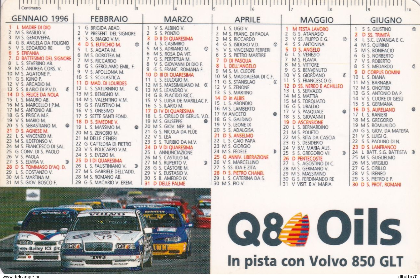 Calendarietto - Q8 Olios - In Pista Con Volvo 850 GLT - Anno 1996 - Petit Format : 1991-00