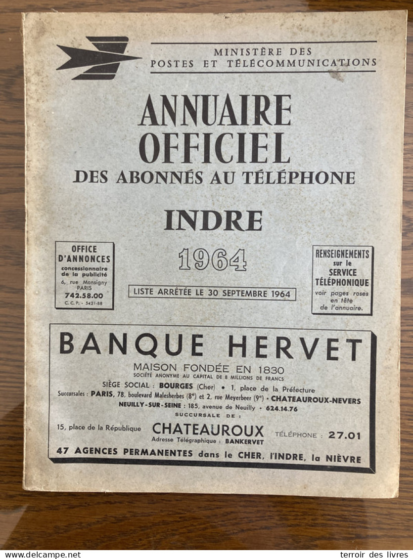 ANNUAIRE TELEPHONIQUE PTT INDRE 36 - 1964 Liste Particuliers Et Professionnels - Très Bon état D'usage - Pays De Loire