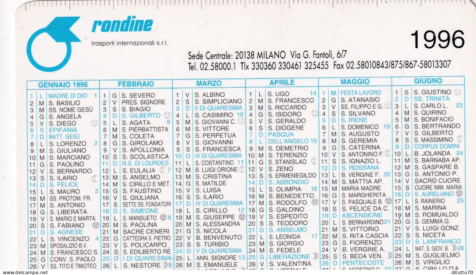 Calendarietto - RONDINE - Trasporti Internazionali - Milano - Anno 1996 - Petit Format : 1991-00