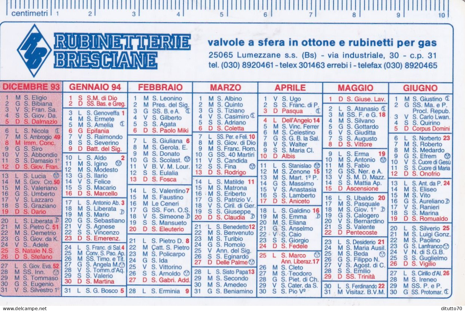 Calendarietto - Rubinetterie Bresciane - Lumezzane - Anno 1994 - Petit Format : 1991-00