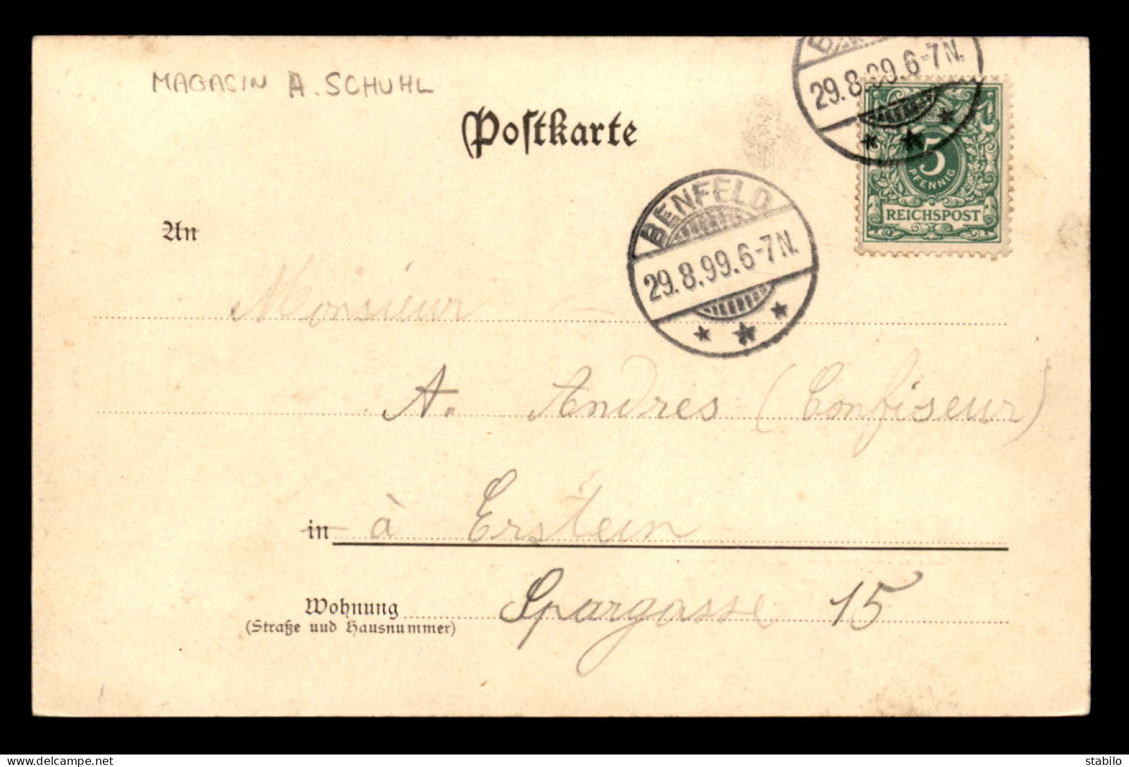 67 - BENFLED - LE CENTRE - MAGASIN A. SCHUHL - VOYAGEE EN 1899 - Benfeld