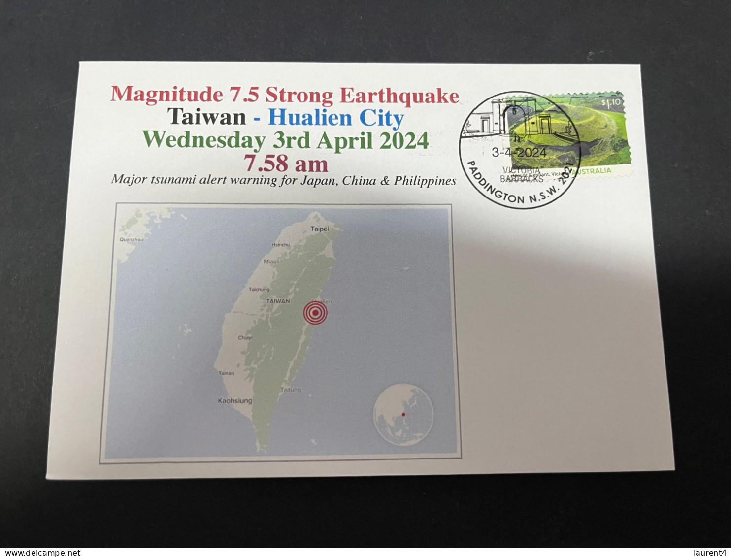 4-4-2024 (1 Z 3) Taiwan - 7.5 Strong Earthquake On 3-4-2024 (Hualien City) With Volcano OZ Stamp - Briefe U. Dokumente