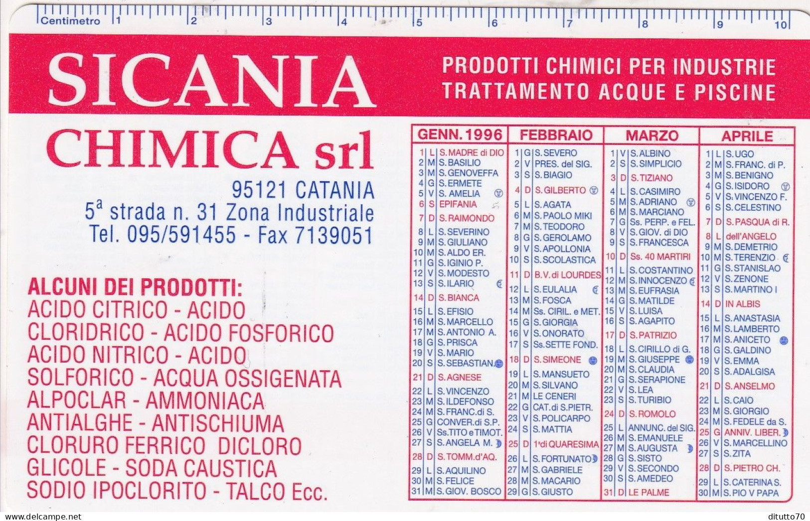 Calendarietto - SICANIA - Chimica - Catania - Anno 1996 - Petit Format : 1991-00