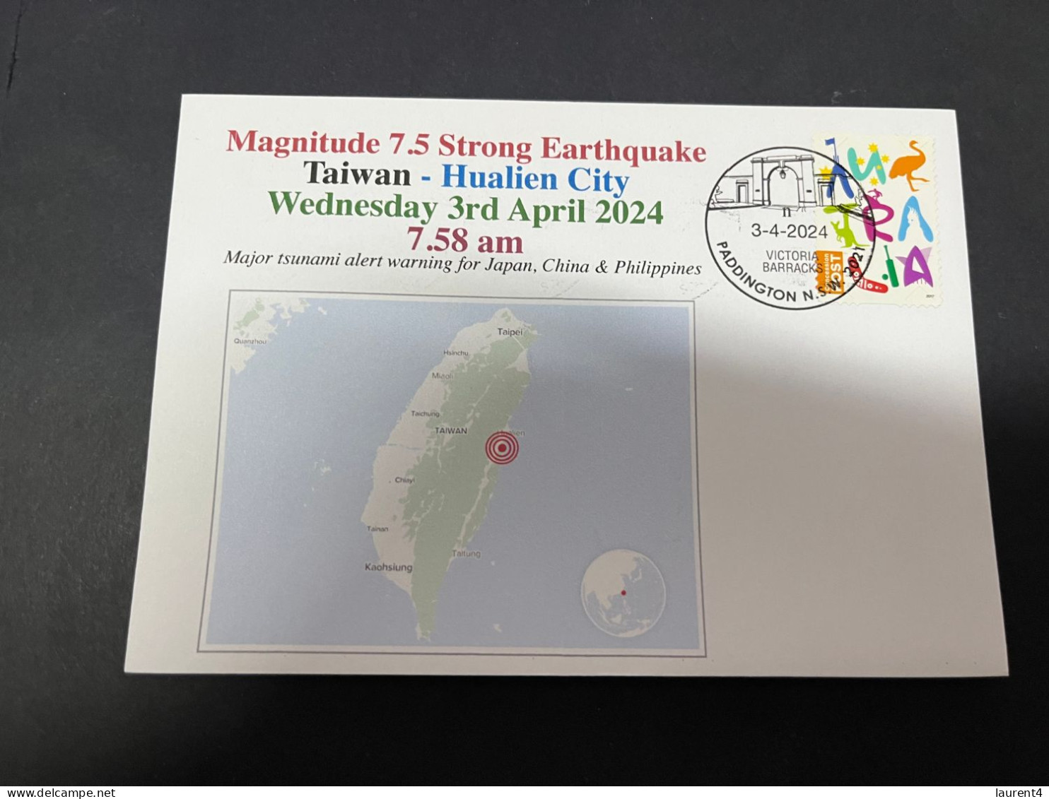 4-4-2024 (1 Z 3) Taiwan - 7.5 Strong Earthquake On 3-4-2024 (Hualien City) With OZ Stamp - Lettres & Documents