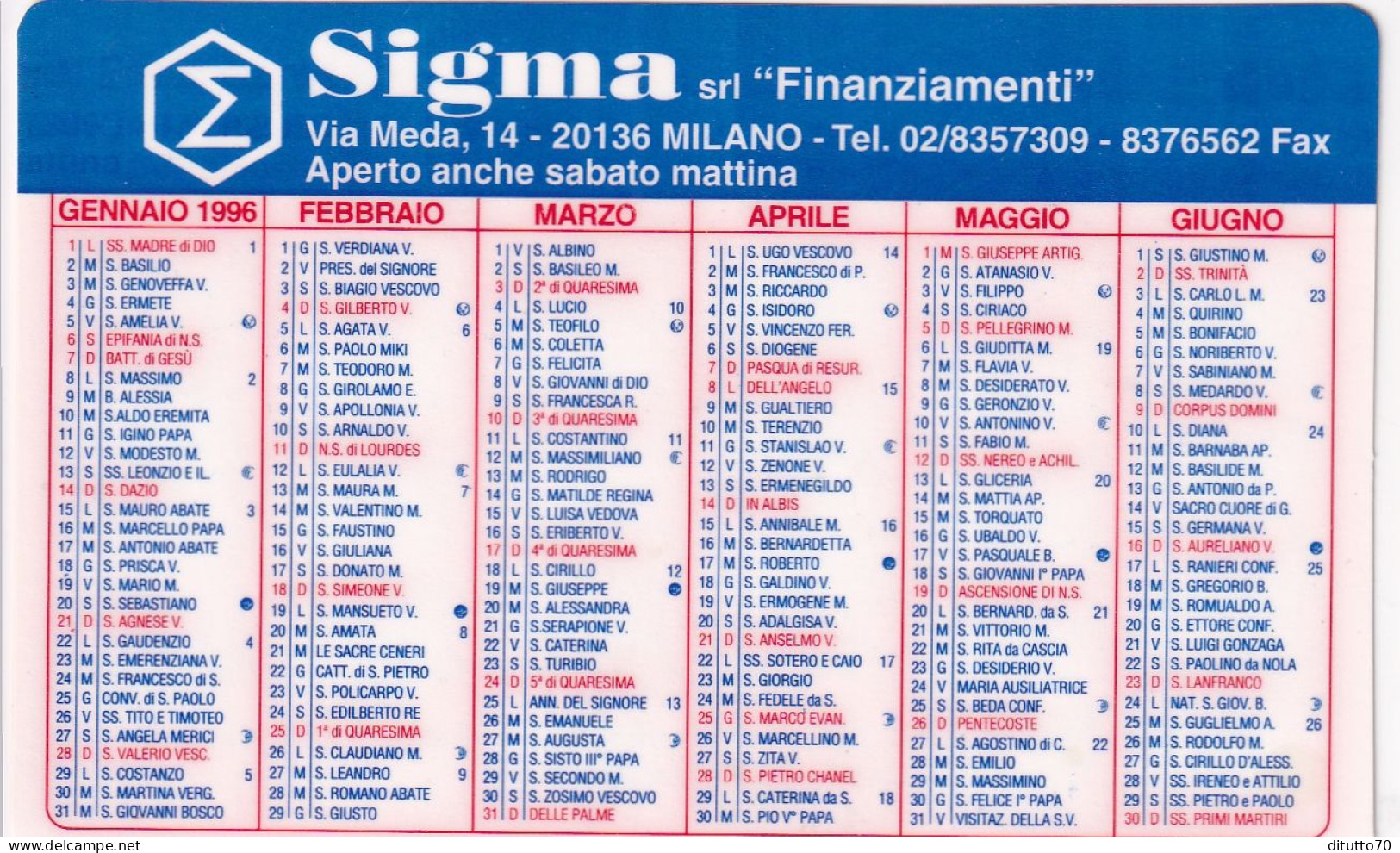 Calendarietto - SIGMA - Finanziamenti - Milano - Anno 1996 - Petit Format : 1991-00
