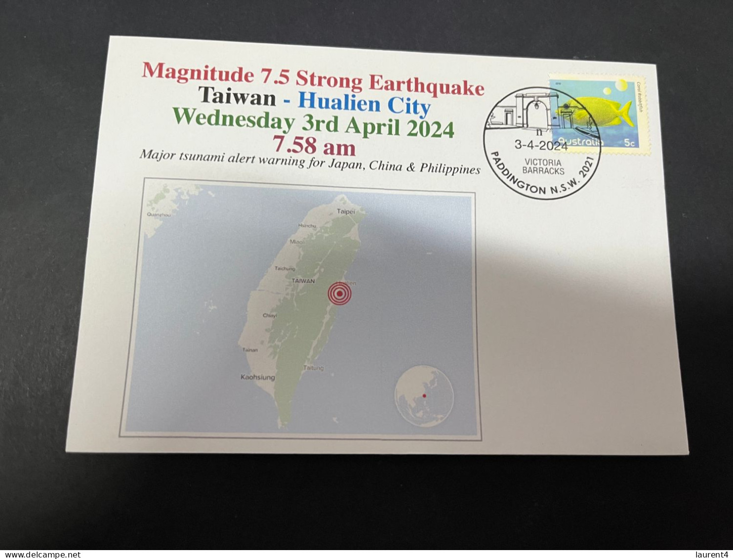 4-4-2024 (1 Z 3) Taiwan - 7.5 Strong Earthquake On 3-4-2024 (Hualien City) With OZ Stamp - Lettres & Documents