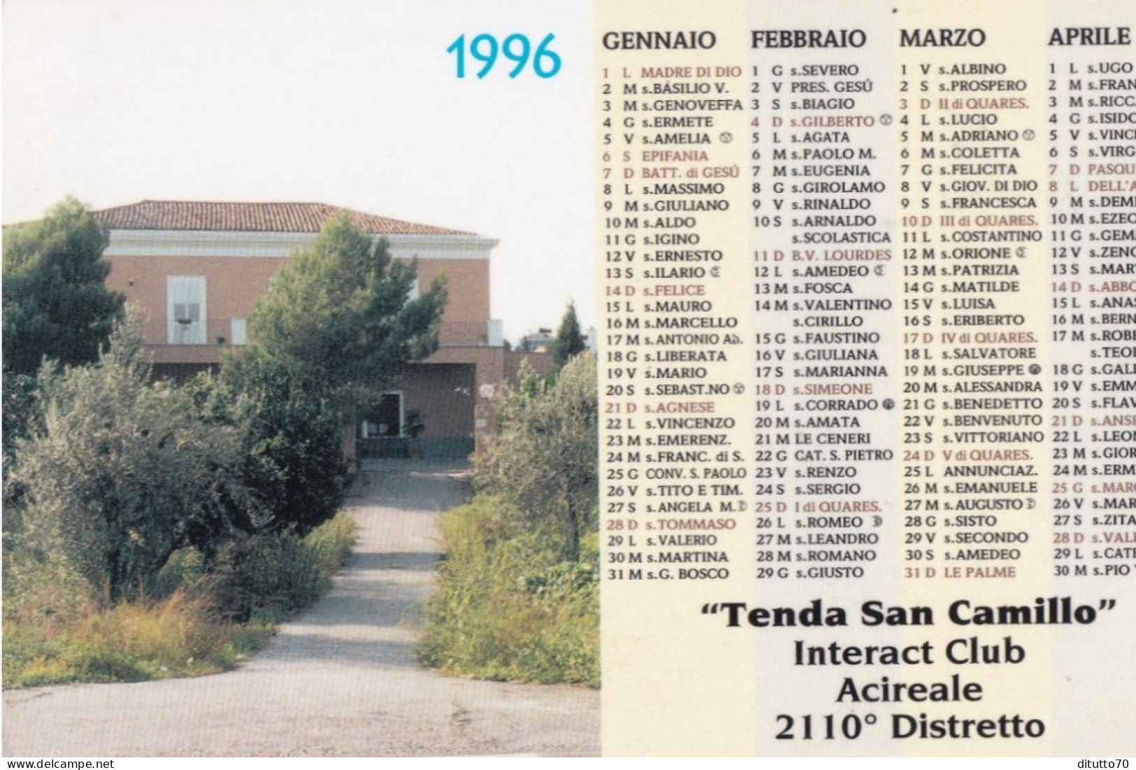 Calendarietto - Tenda San Camillo - Interact Club - Acireale - Anno 1996 - Petit Format : 1991-00