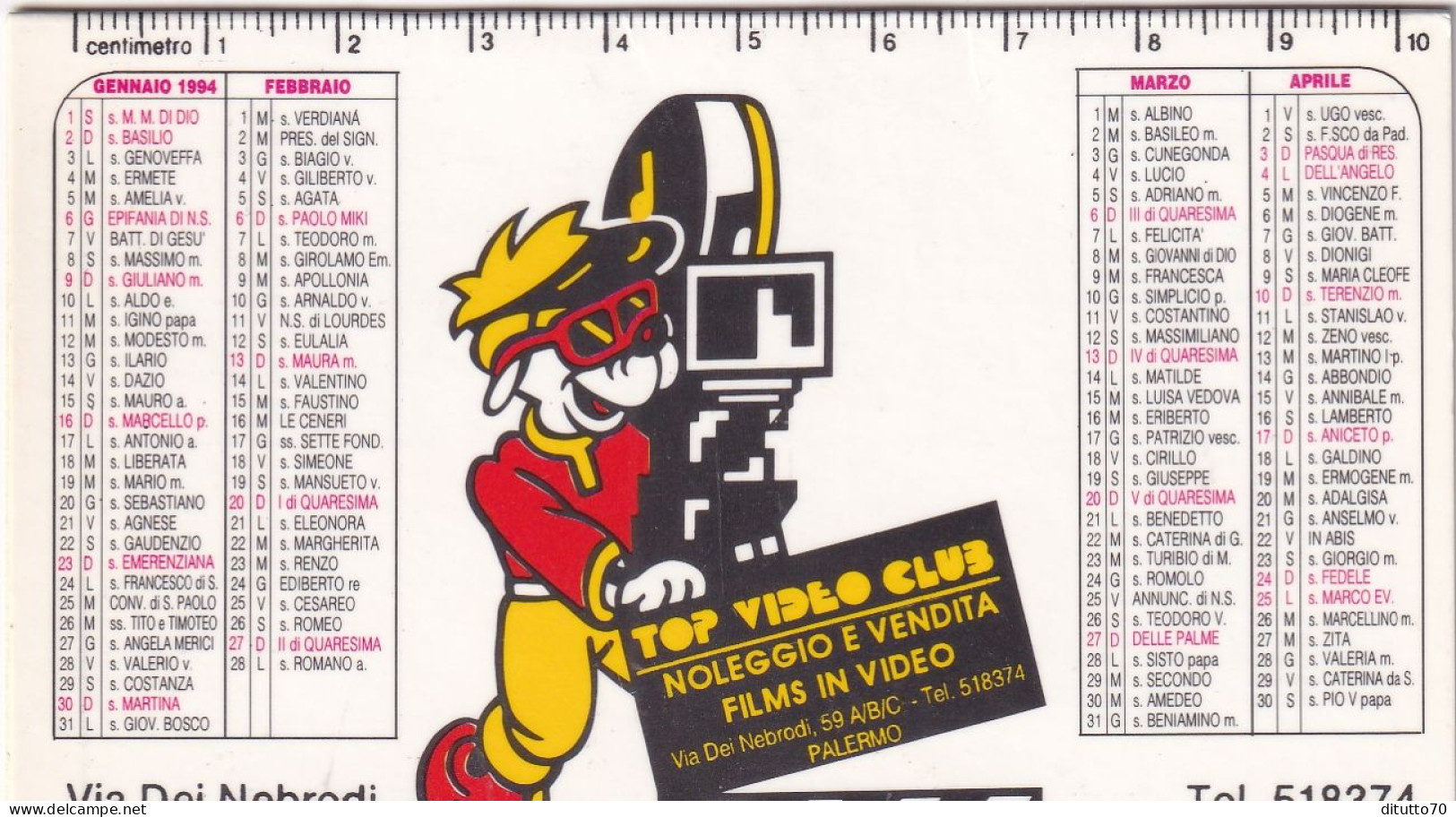 Calendarietto - TOP VEDEO CLUB - Palermo - Anno 1994 - Petit Format : 1991-00