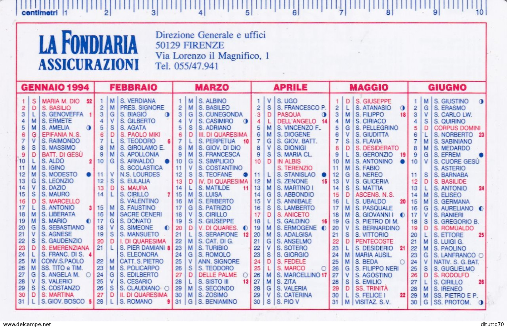 Calendarietto - LA FONDIARIA - Assicurazioni - Firenze - Anno 1994 - Petit Format : 1991-00