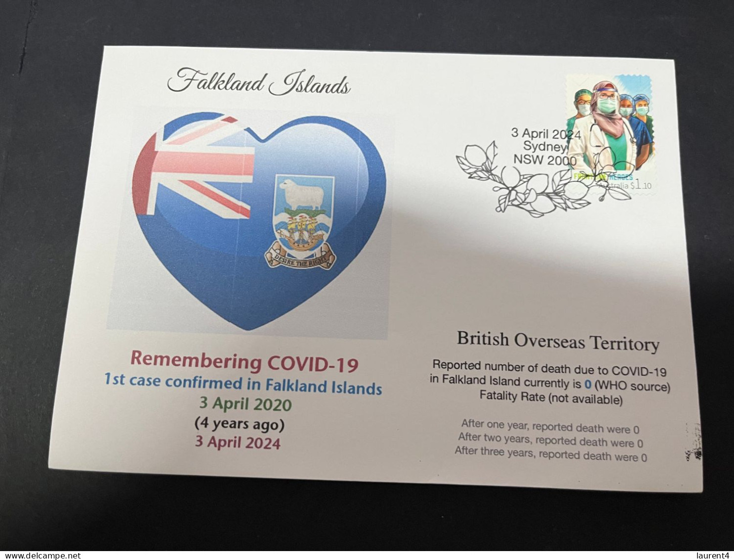 4-4-2024 (1 Z 3) COVID-19 4th Anniversary - Falkland Islands - 3 April 2024 (with OZ Covid19 Doctor Stamp) - Enfermedades