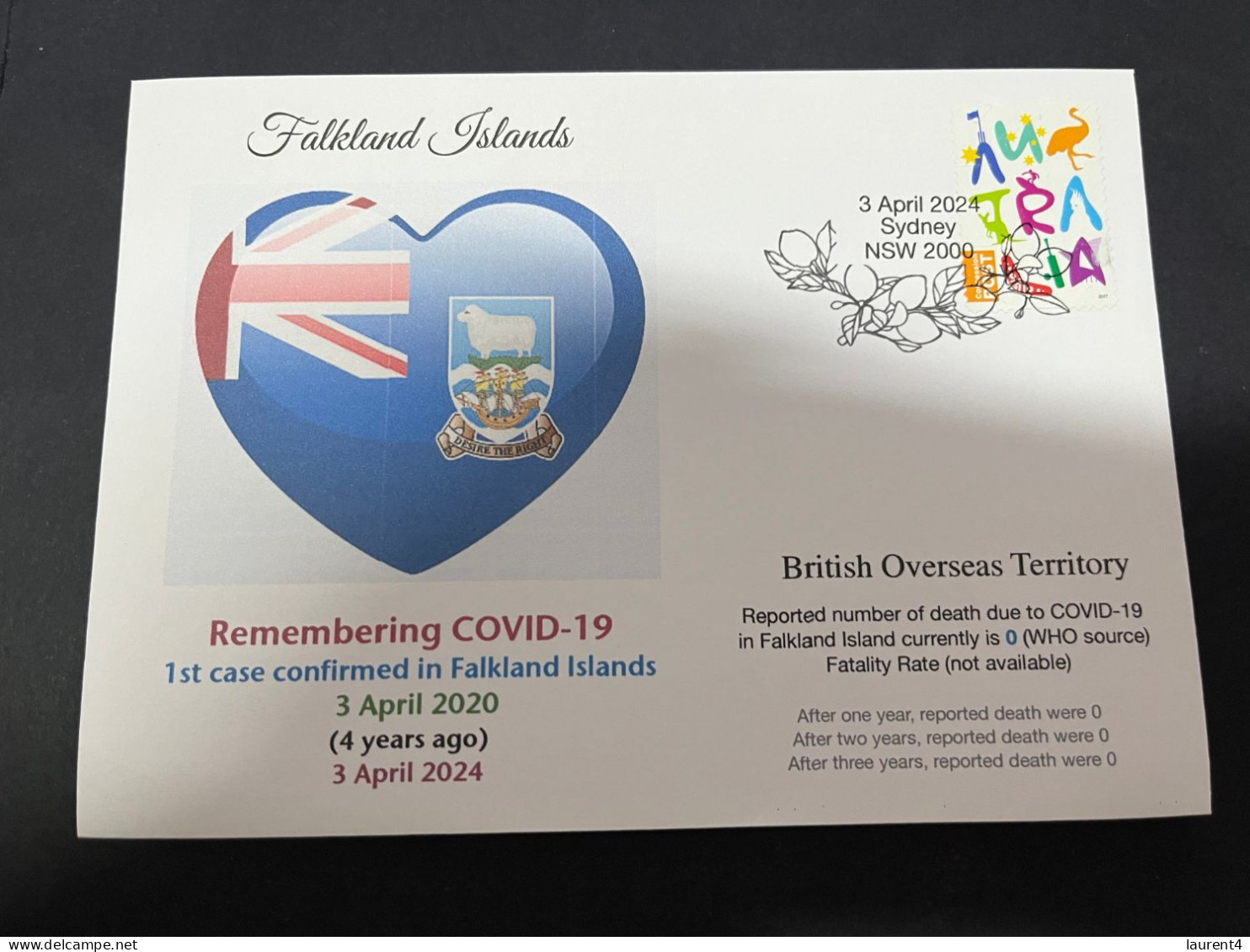 4-4-2024 (1 Z 3) COVID-19 4th Anniversary - Falkland Islands - 3 April 2024 (with OZ Stamp) - Enfermedades