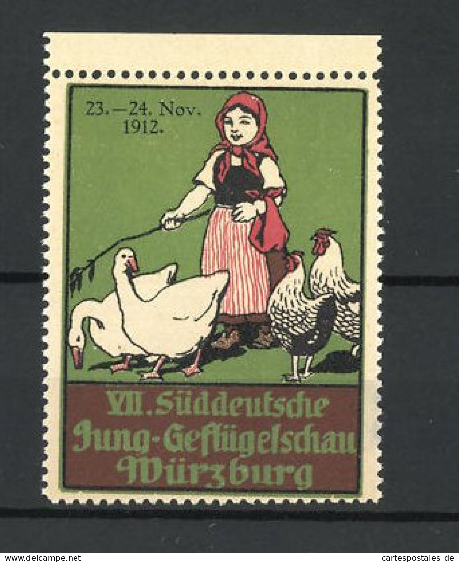 Reklamemarke Würzburg, VII. Süddeutsche Jung-Geflügelschau 1912, Bäuerin Mit Gänsen Und Hahnen  - Cinderellas