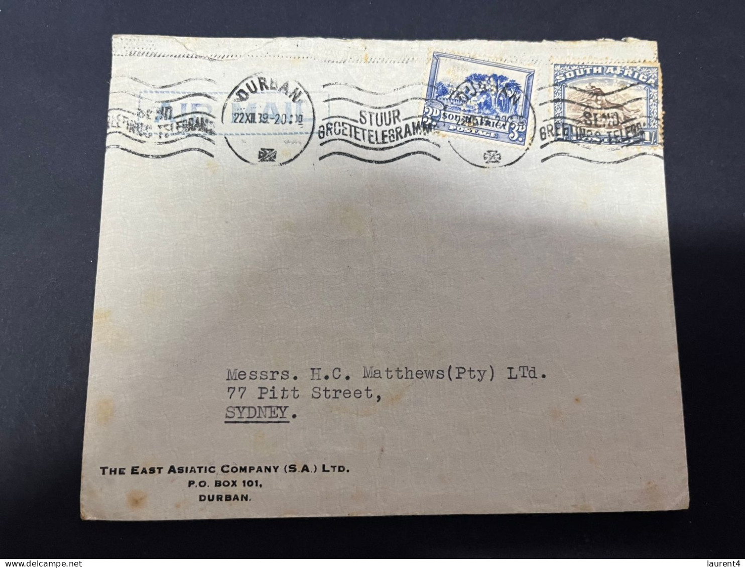 4-4-2024 (1 Z 3 A) Letter Posted From South Africa To Australia (Sydney) In 1939 (size Is 14,6 X 12,2 Cm) - Brieven En Documenten