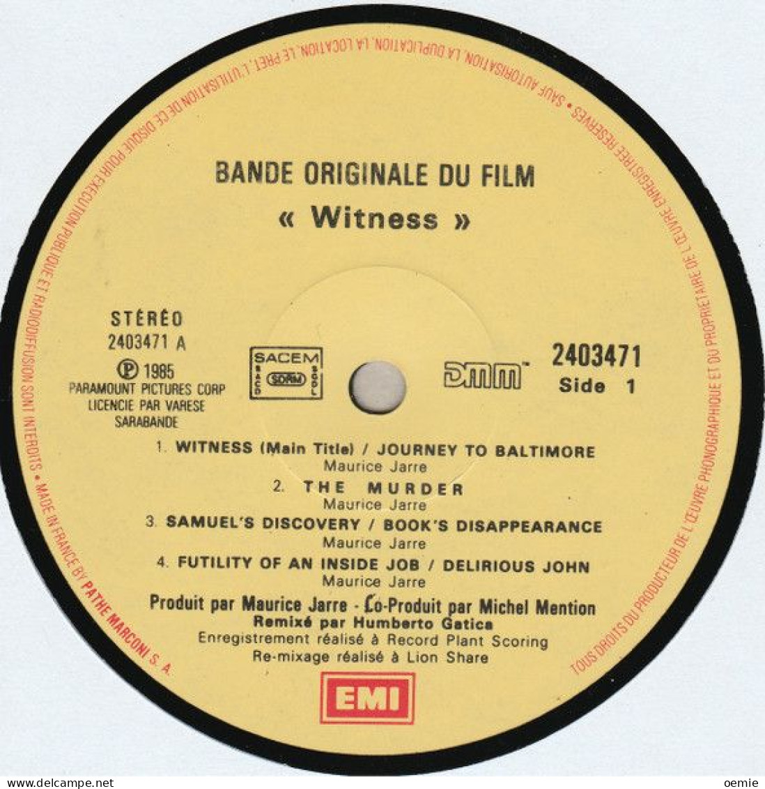 BANDE ORIGINALE  DU FILM  WITNESS  MUSIQUE MAURICE JARRE - Musique De Films